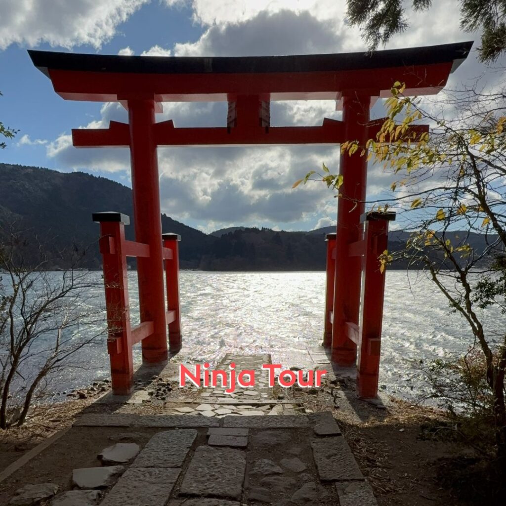 Torii rosso sul lago con il Fuji